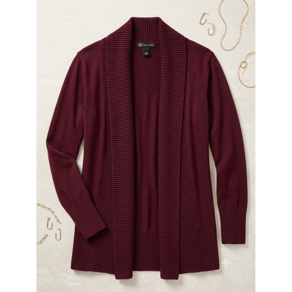 INC International Concepts Burgundy Ribbed Shawl Collar Open Front Cardigan L